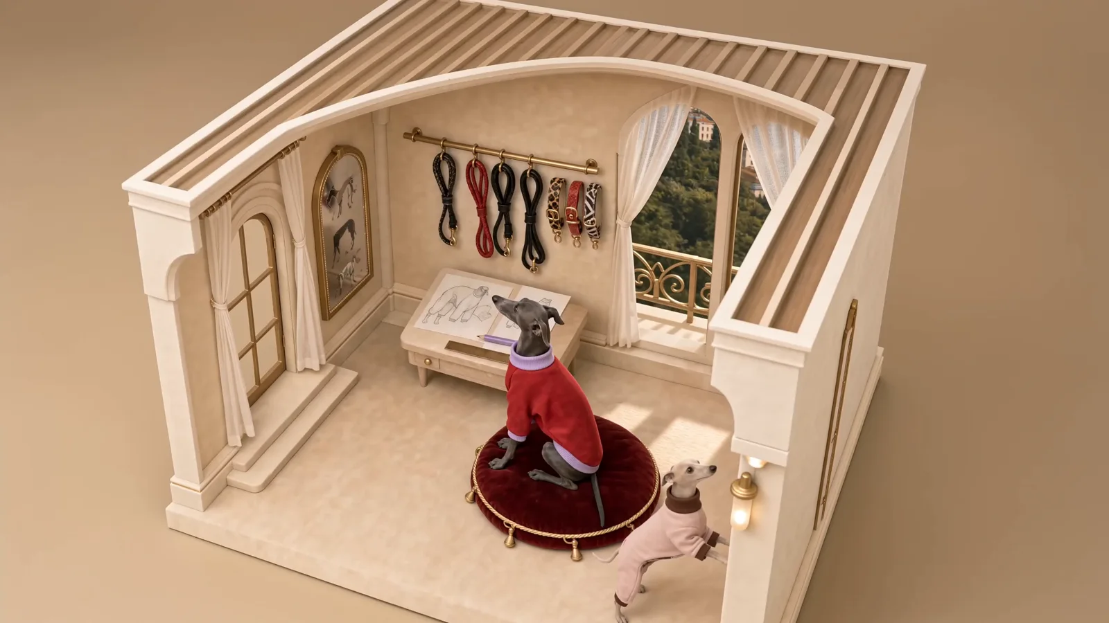 The Zikki atelier: the grey iggy in the red Cozy Bandito on its velvet cushion, shelves of folded knitwear, and the Geneva fountain through the window